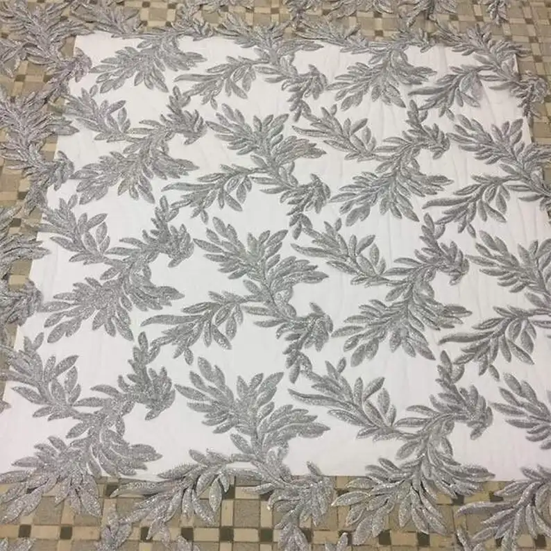 5 ярдов африканская кружевная ткань Великолепная блестками лист Тюлевая