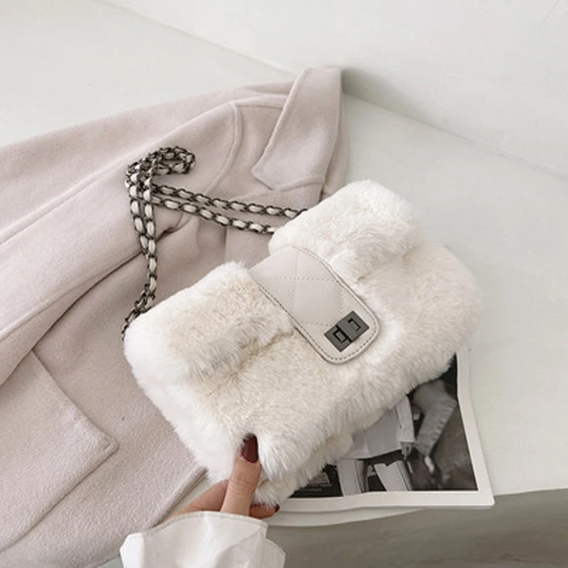 

Soft Faux Fur Crossbody Brand Bag for Women 2021 Winter Hit Small Plush Shoulder Bags Female Handbags and Purses
