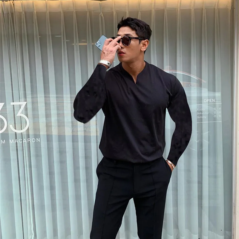 

2021 New Sportswear Mens V-neck T Shirts Fashion Men's Tops Cotton Fitness shirt men Gym Long Sleeve Bodybuilding T shirt