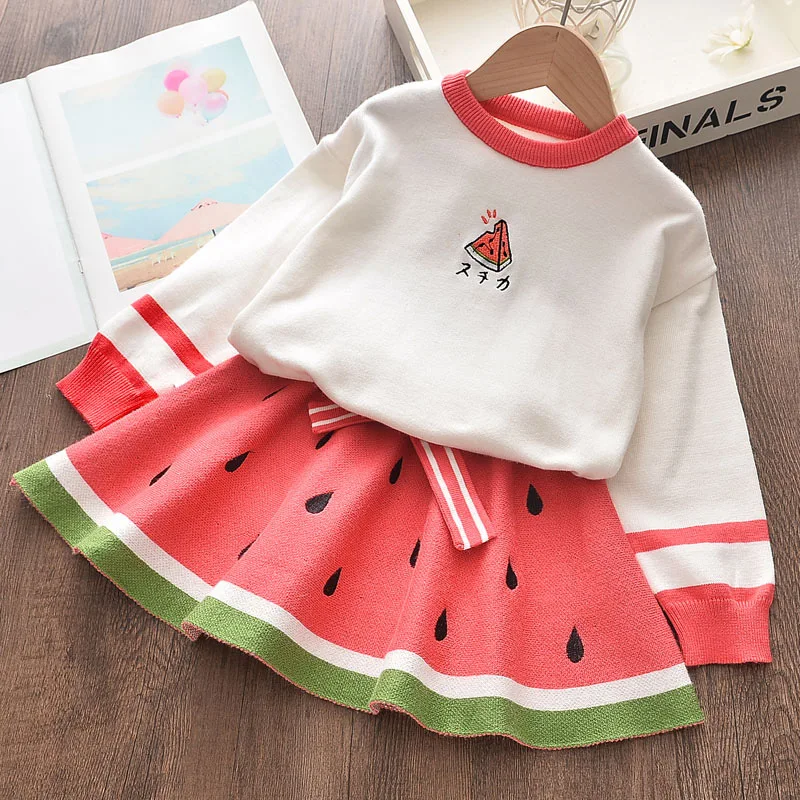 

Baby girl winter knitted sweater suit thick warm sweater dress girls pullover sweater cartoon watermelon cute two-piece suit