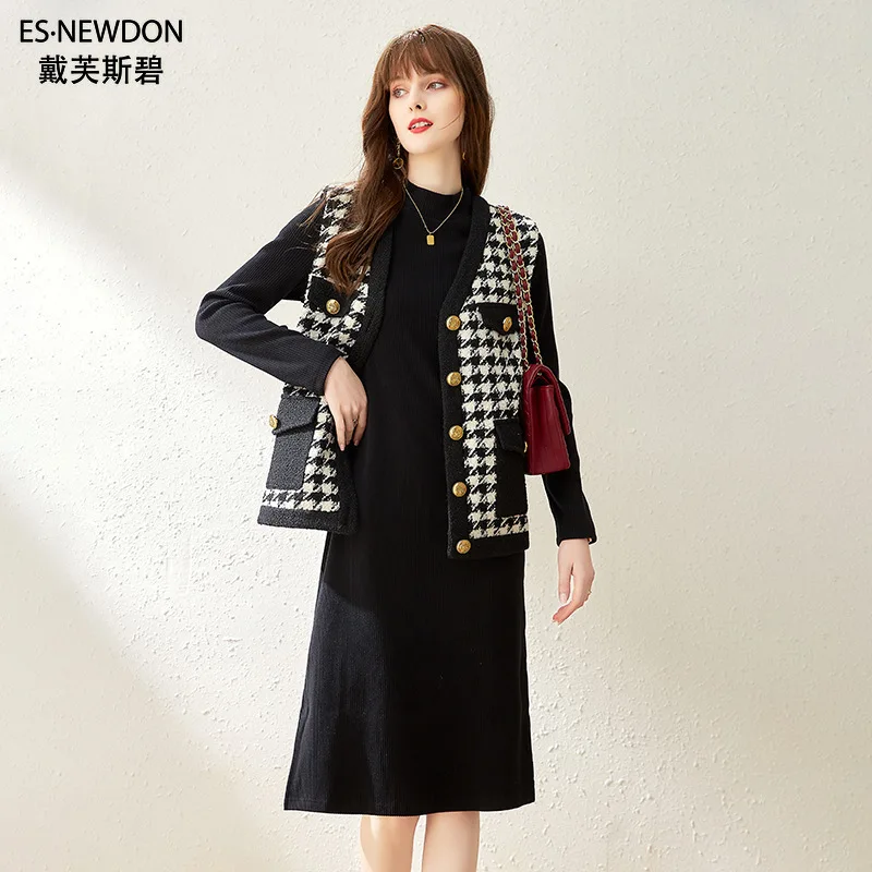 

Комплект из 2 предметов Esnewdon, облегающий свитер с длинным рукавом, длинная облегающая юбка, однобортный клетчатый жилет, женский костюм