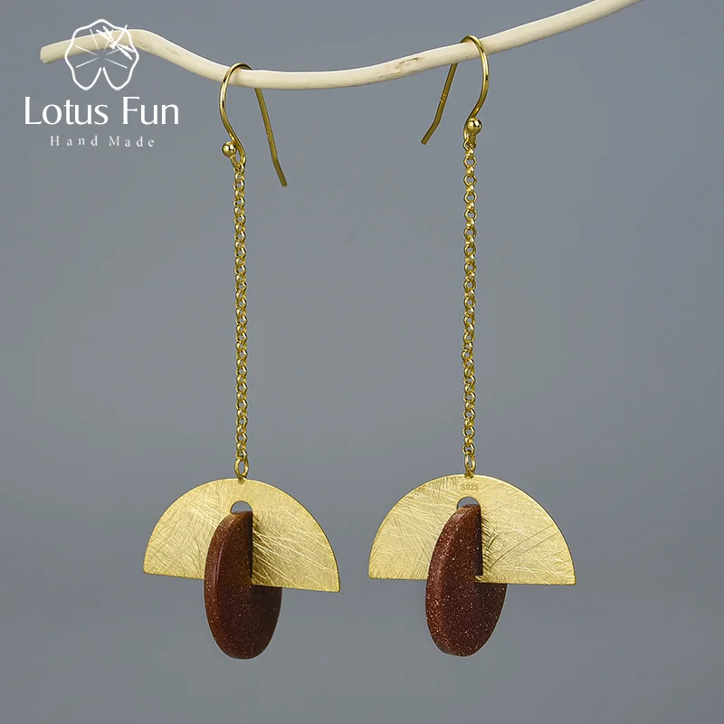 Lotus Fun реальные 925 пробы серебро натуральный камень Креативный дизайнер ювелирные украшения сектора Rotable длинные висячие серьги для женщин - Цвет камня: gold sand stone