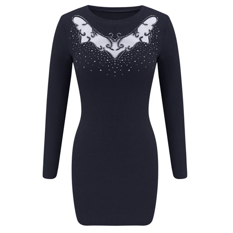 

Women Autumn Bodycon Dress Patchwork See Through O-Neck Long Sleeve Solid Top Elegant Lady Slim Dress SJ4604R