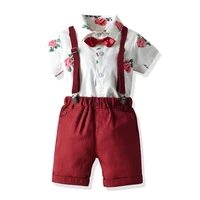 2 7 years boy flowers shirt clothes 2021 summer toddler kids children short set printed shirt pink pants 2 pcs suit red belt