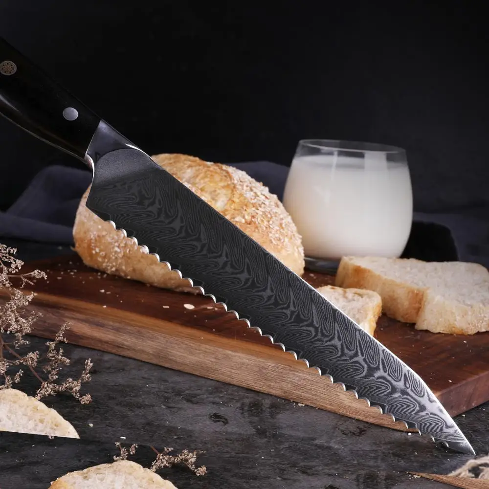 Дамасский нож для хлеба профессиональный кухонный инструмент из черного дерева