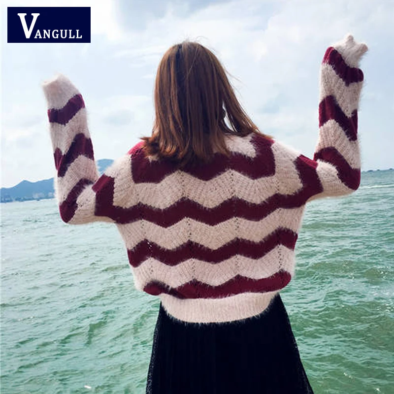 Женский свитер в полоску Vangull вязаный пуловер контрастных цветов с круглым