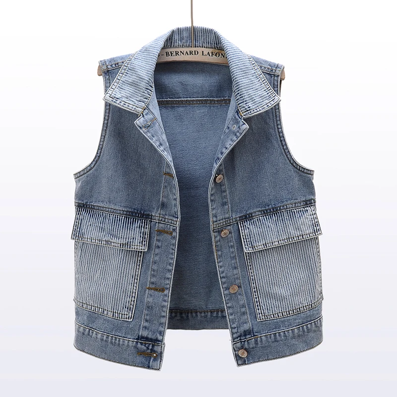 

Spring Korean Denim Vest Women Casual Waistcoat Striped Big Pocket Loose Short Jeans Vests Vintage Blue Sleeveless Jacket Female