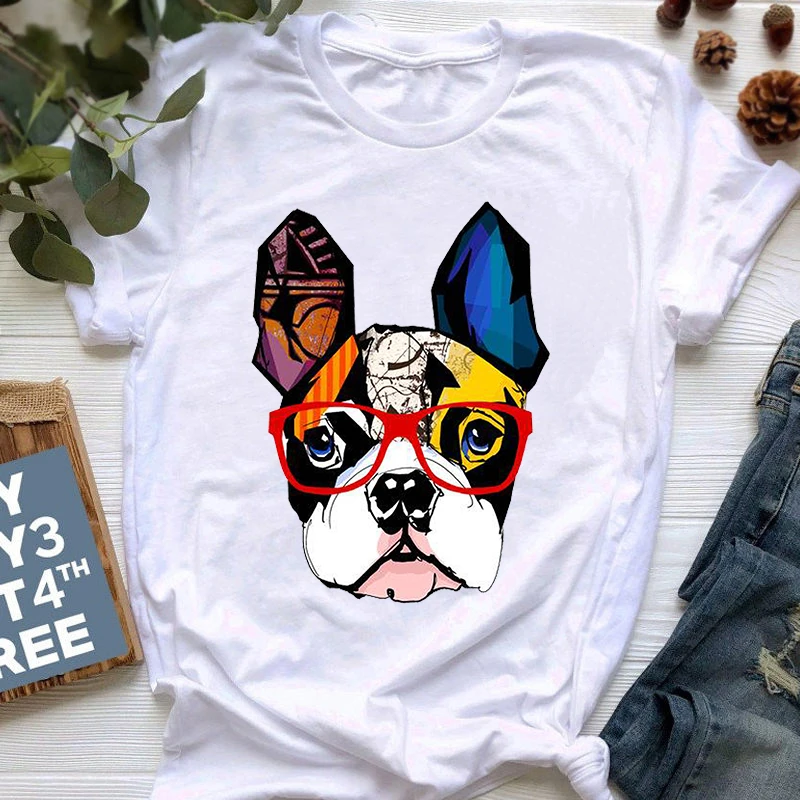 

New Summer French Bulldog T Shirt Women Cute Cartoon Pit Bull Tee Shirt Top Female France Shepherd Short Sleeve T-shirts