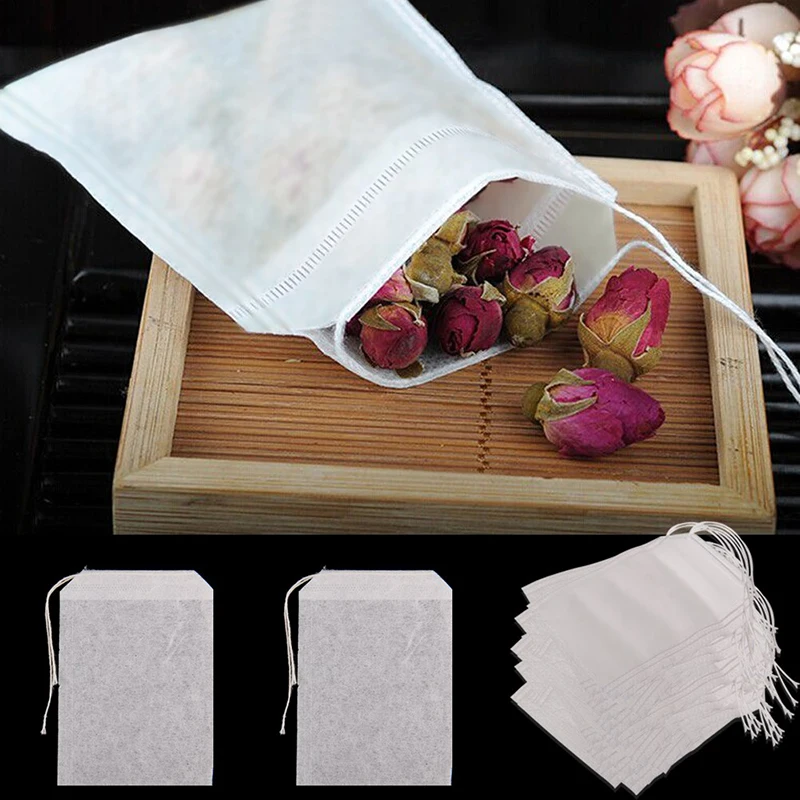 

100Pcs Tea Bags Empty Scented Drawstring Pouch Bag Seal Filter Cook Herb Spice Loose Coffee Pouches Tools 5.5*7CM