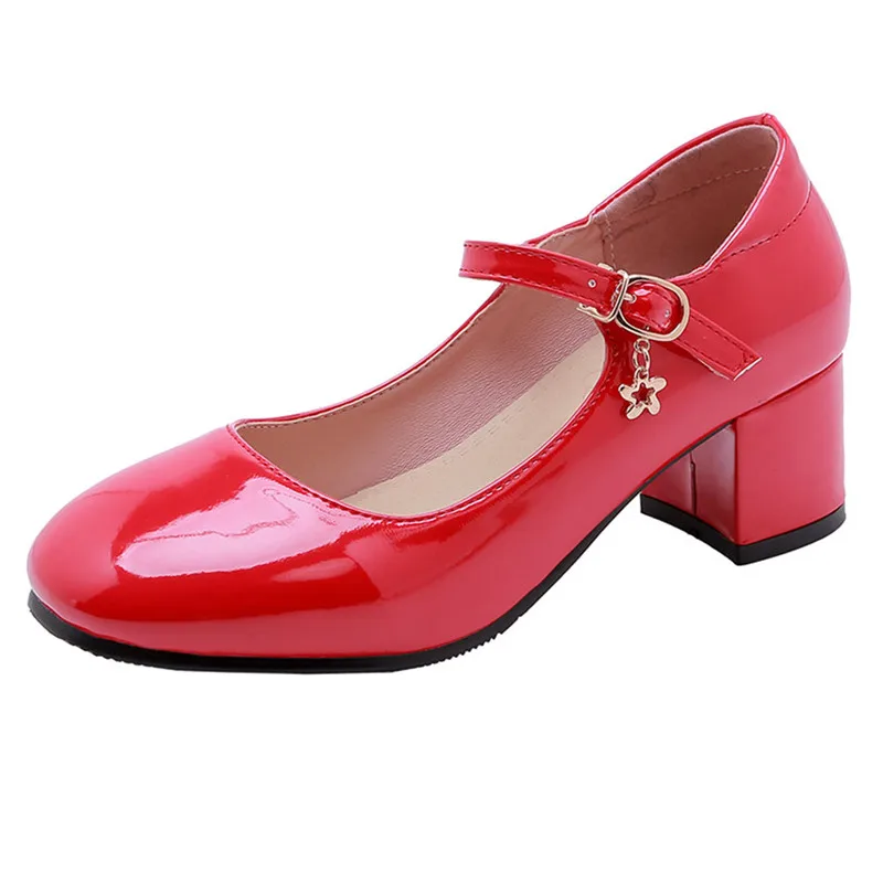 

Block Heels Women Pumps Round Toe Medium Heel Buckle School Shoes Spring Patent Leather Mary Jane Shoes Red Big Size 10 41 42 43