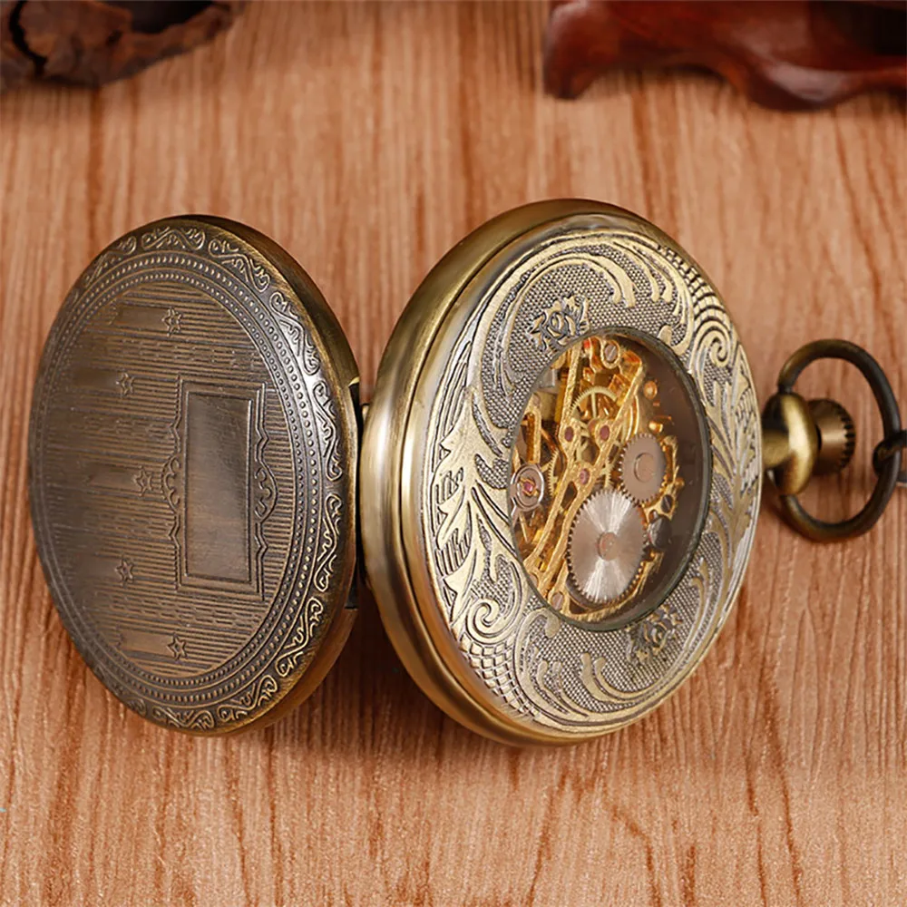 Hand Winding Mechanical Pocket Watch Exquisite Roman Numerals Dial Full Hunter Bronze Pattern Pendant Manual Pocket Clock Gifts