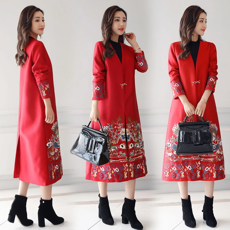 

Ethnic style coat Women's Mid-length spring and autumn 2020 new style embroidered red slimming overknee trench coat