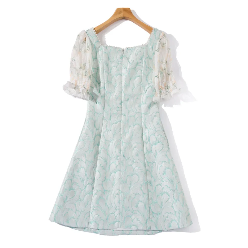 

DIDABOLE Jacquard Mini Dress Summer High Quality New Women'S Square Collar Beading Fashion Print Party Casual Dress