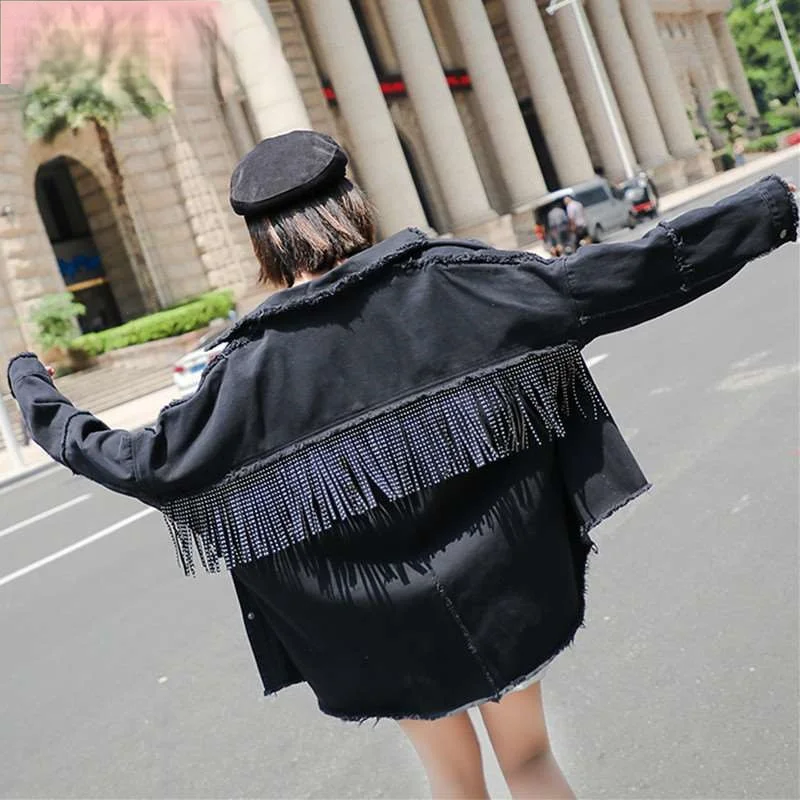 

Girl Tassel Denim Jacket Female Loose Spring Autumn Vintage Fashion Single-Breasted Casual Cowboy Women's Outerwear