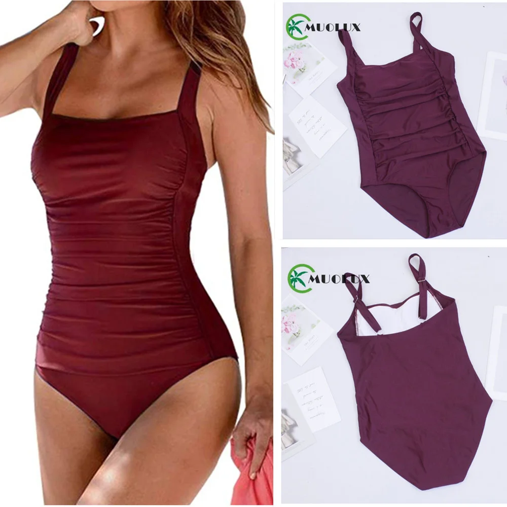 

2021 New Vintage One Piece Swimsuit Women Swimwear Push Up Bathing Suit Ruched Tummy Control Monokini Retro Plus Size Beachwear