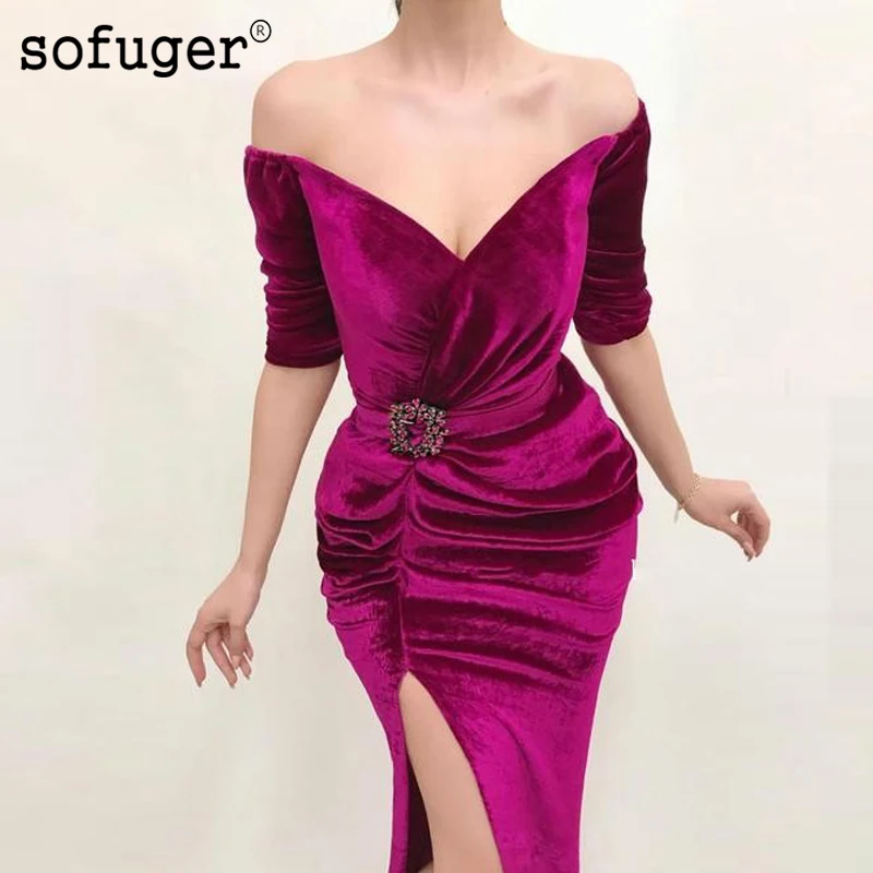 

Velvet Prom Dresses Split Front Off The Shoulder Sexy Backless Half Sleeve Long Prom Gown Evening Dresses Robe De Soiree