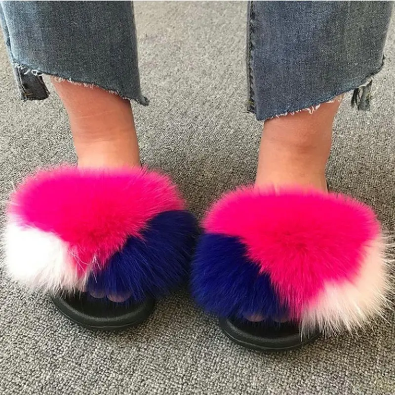 Шлепанцы женские с мехом енота меховые сандалии плоская подошва Лисий мех сланцы