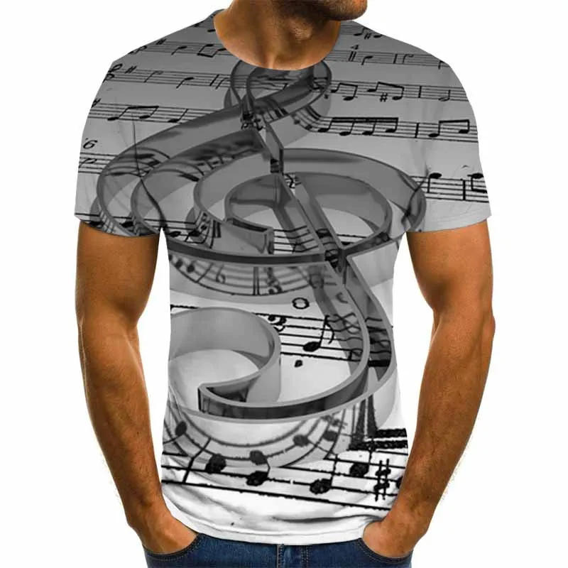 

2021 summer new fashion personality 3D digital printing men's short-sleeved T-shirt music score Lce Fire casual round neck top