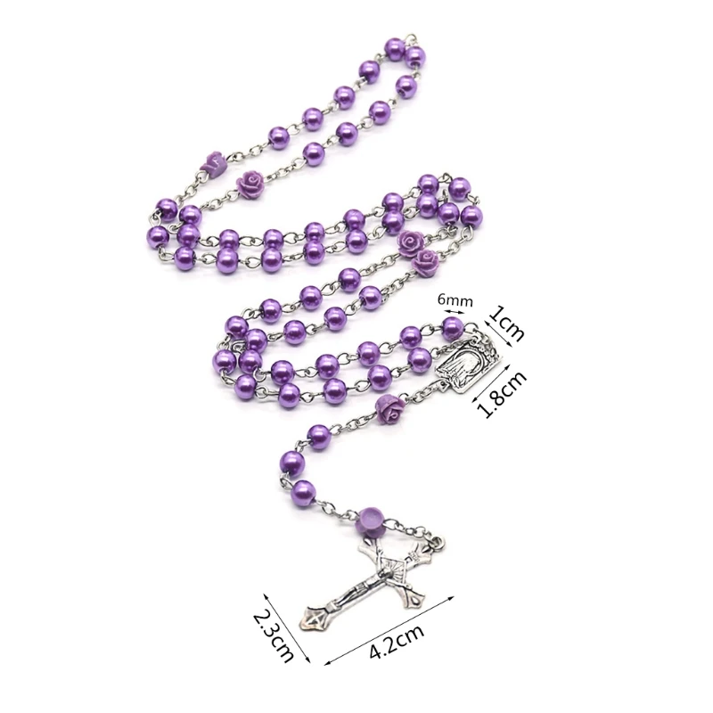 

Rosary Necklace Jesus Christ Cross Pendant Glass Pearl Rose Necklace Long Chain