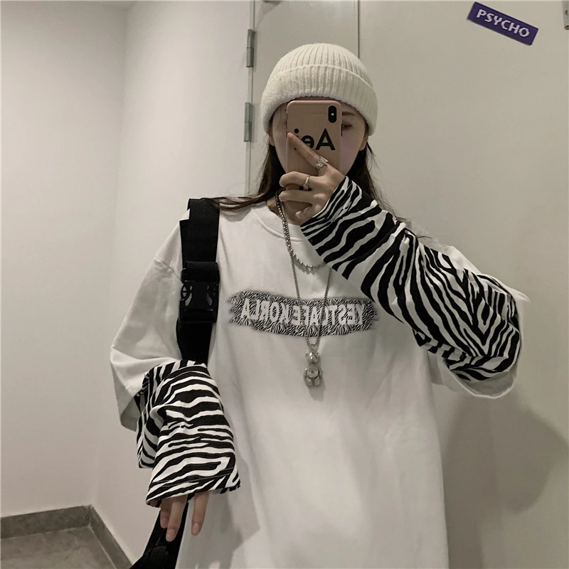 

hipster fake two pieces ladies tops autumn new Women's Clothing Letter print loose o-neck T-Shirts patchwork Tees streetwear