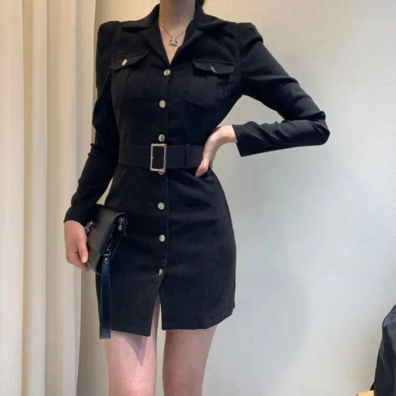 Trytree Autumn Winter Women Casual Dress Turn-down Collar Single Breasted Pockets Belt 5 Colour Slim fit Fashion Mini Dress - Цвет: Black