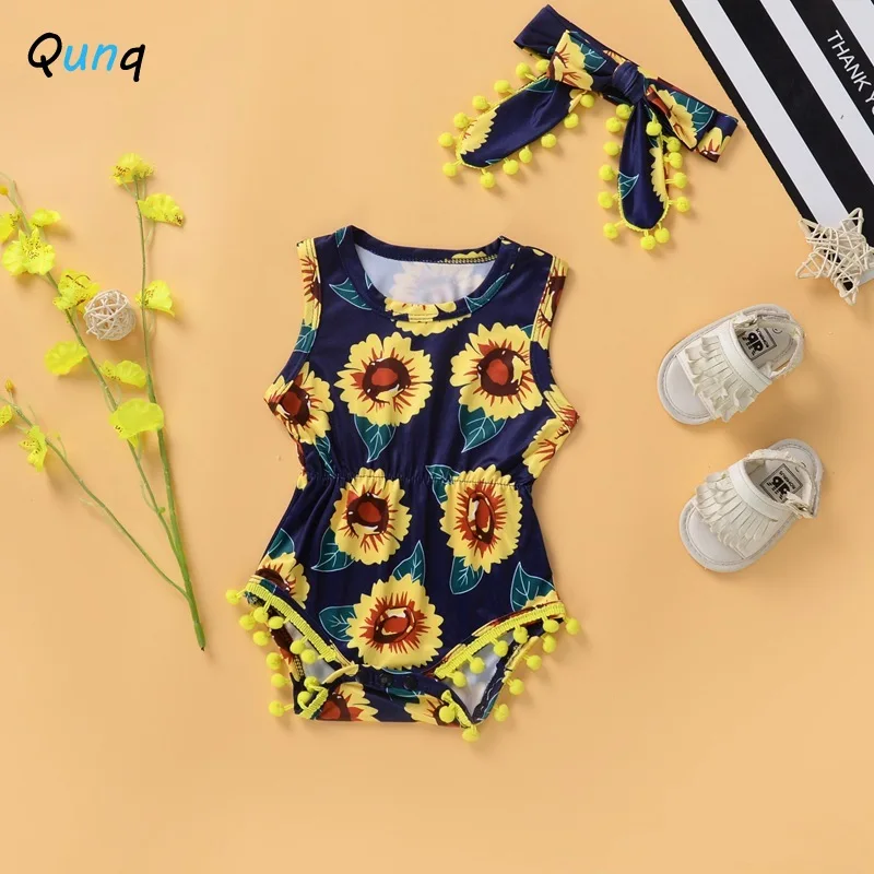 

Qunq Baby Girls Romper with Headband 2021 New Summer Fashion Flower Pineapple Print Newborn Clothing Sleeveless Infant Jumpsuits