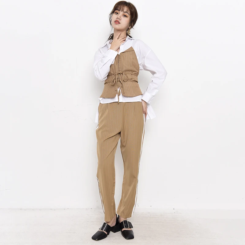 

Loose Fit Women Yellow Striped Bandage Temperament Vest New V-collar Sleeveless Fashion Tide Spring Autumn 2021 Y2280