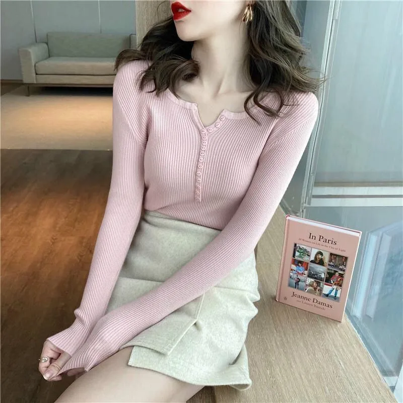

2021 New Fashion Women's V-neck Tops Slim All-match Women's Long-sleeved Tops In Spring And Autumn With Tops Girls T-shirts