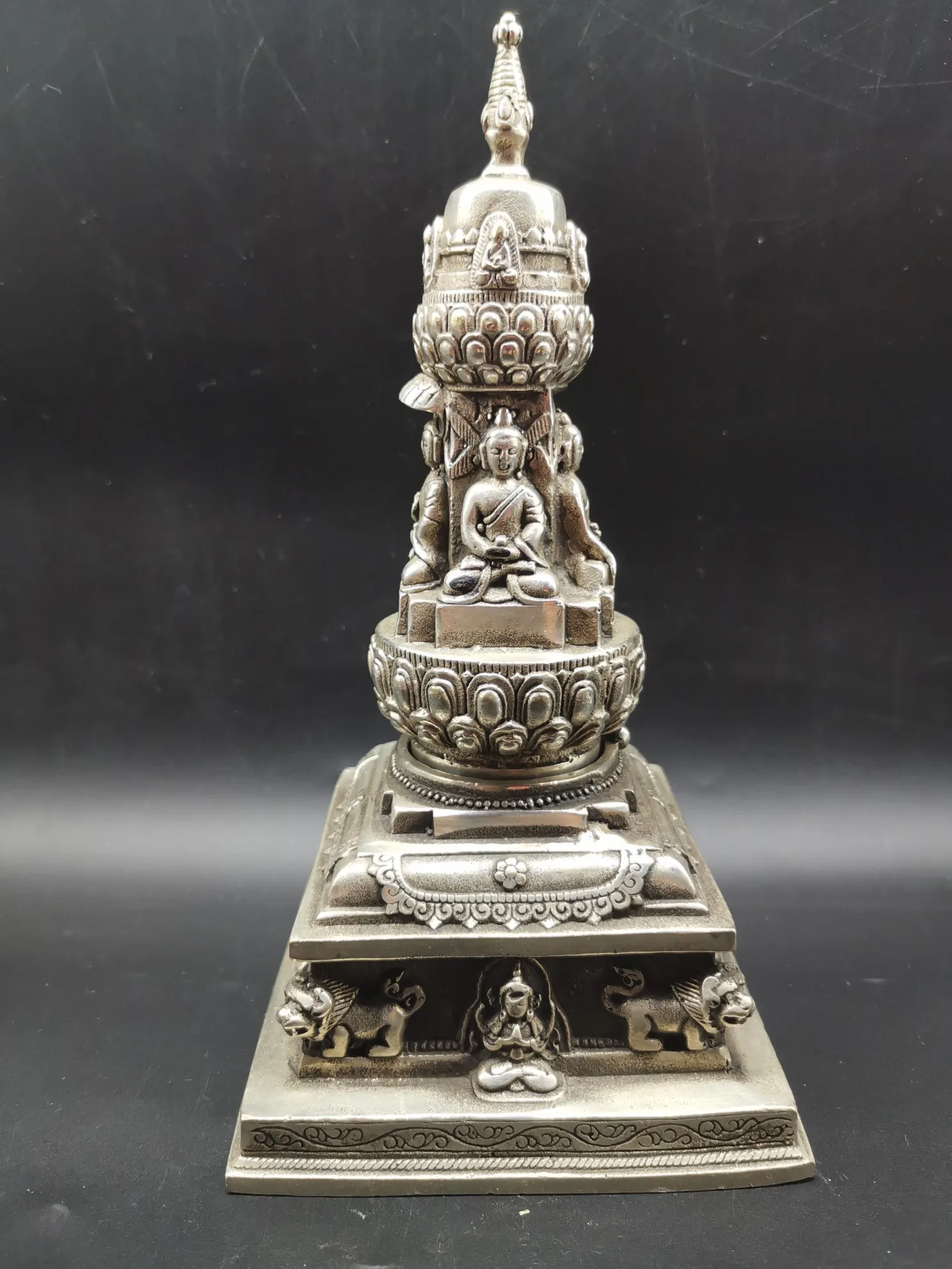

Collect China Fine Workmanship Cupronickel Auspicious 4 Sides Buddhist Pagoda Censer Sculpture Metal Crafts Decoration