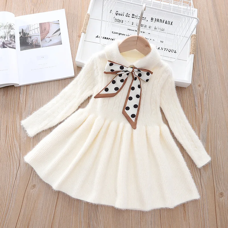 

Pretty Princess Autumn Spring Full Sleeve Solid Bow Knee-length Dress Toddler Kids Baby Girls Cute Knitting Sweater 2-7Y