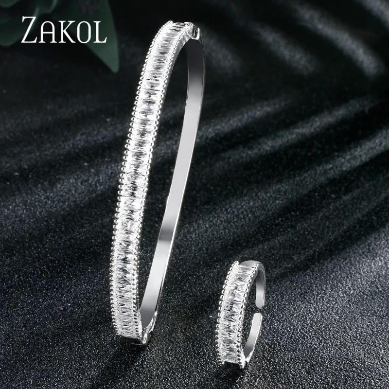 White ZAKOL блестящий черный прозрачный квадратный кубический цирконий Свадебные ювелирные изделия браслет кольцо набор для женщин свадебный ужин юбилей FSSP3103 - Окраска металла: White
