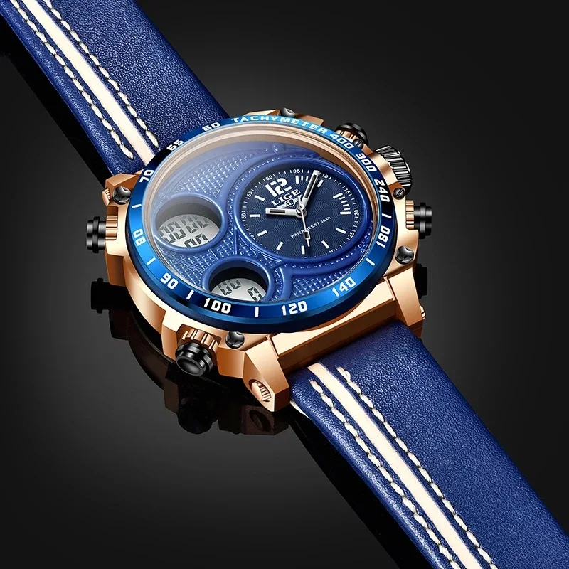 

New Men's watch business electronic watch dual display multi-function watch men's sports waterproof leather strap watch