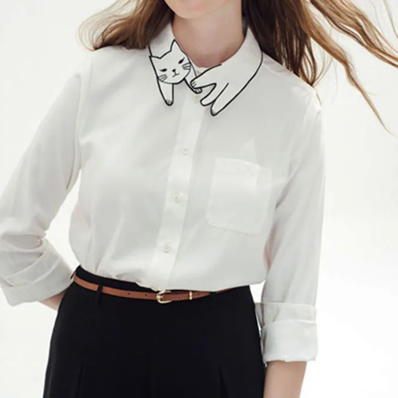 Женская блузка с вышитым воротником MUMUZI белая в стиле преппи длинным рукавом и