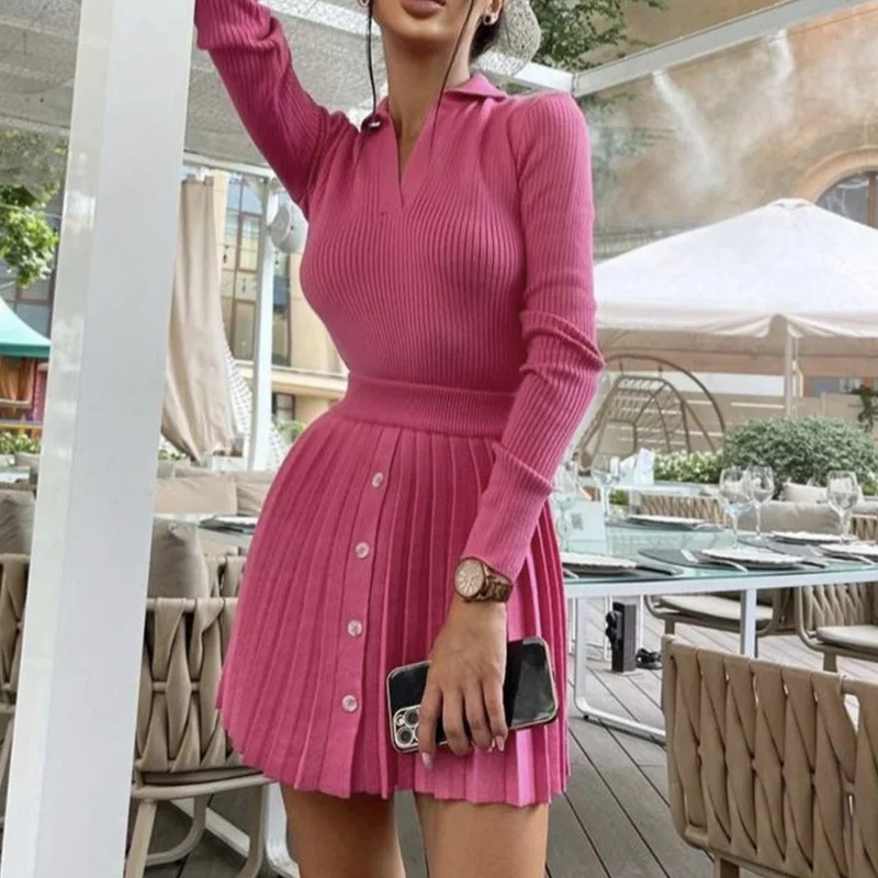 Женский трикотажный костюм мини плиссированная юбка пуловер Модный облегающий