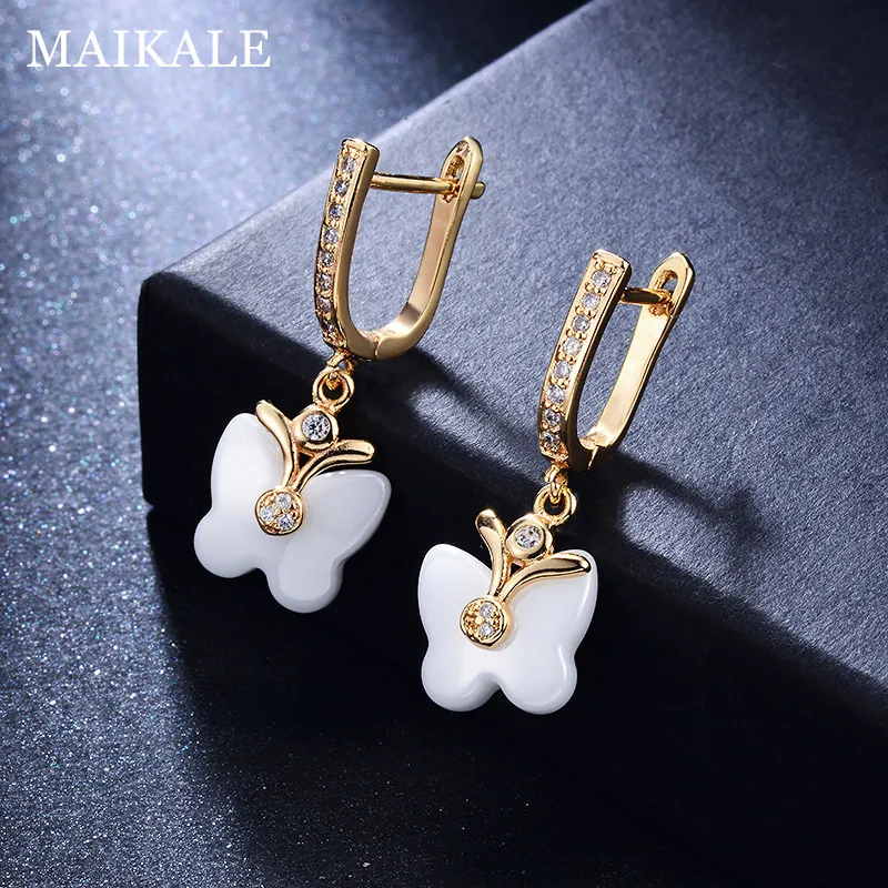 Женские керамические серьги подвески MAIKALE милые золотистые в форме бабочки с