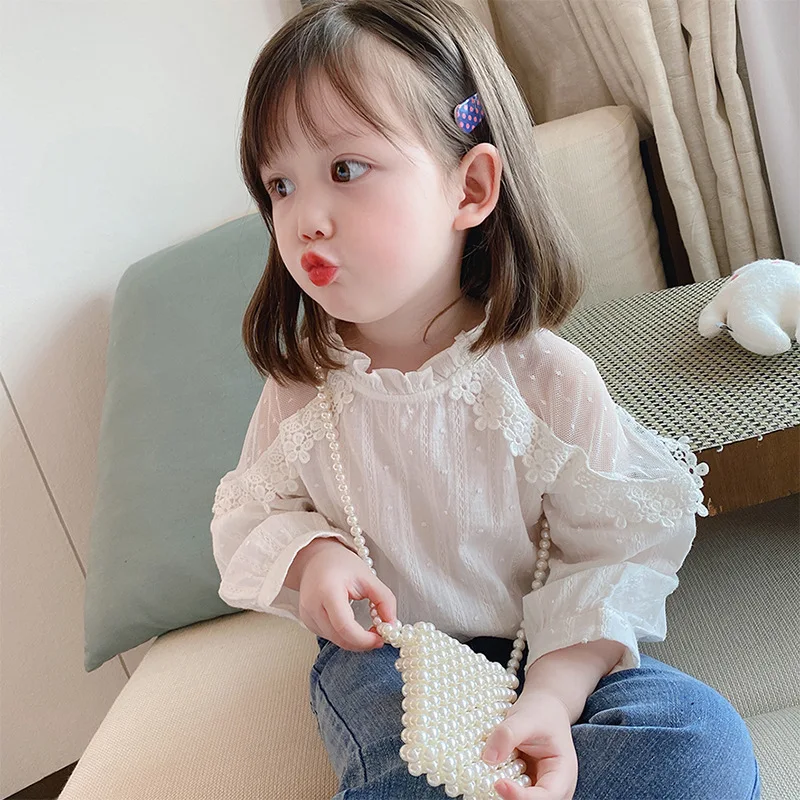 

Fashion Toddler Baby Girl Solid Color Lace Shirt Baby Girls Flower Lace Crew Neck Long Transparent Sleeve Pearl Flower Top