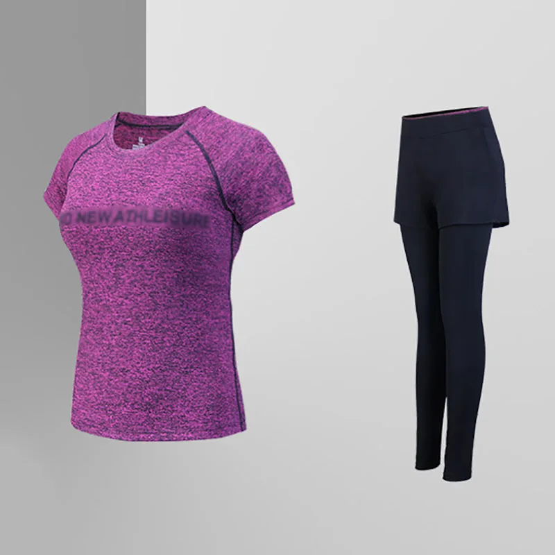 Red violet Комплект для йоги, бесшовный спортивный бюстгальтер+ укороченный топ с коротким рукавом+ женские леггинсы для бега, спортзала, с высокой талией, для тренировок, фитнеса, дышащий спортивный костюм - Цвет: Red violet