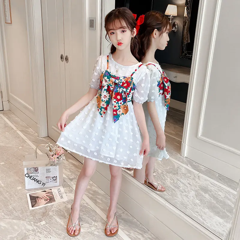 

Big Girls Dress Suit Summer Princess Party Emboss Lace Suspender Flower Print for Teenage 6 8 10 11 12 14Years Children Clothing