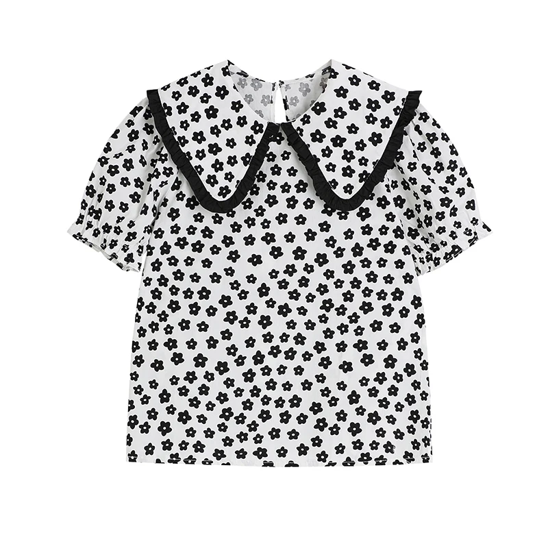 

2021 Summer French Style Vintage Floral Print Blouse Women Peter Pan Collar Puff Sleeve Back Button Design Female Shirts Tops