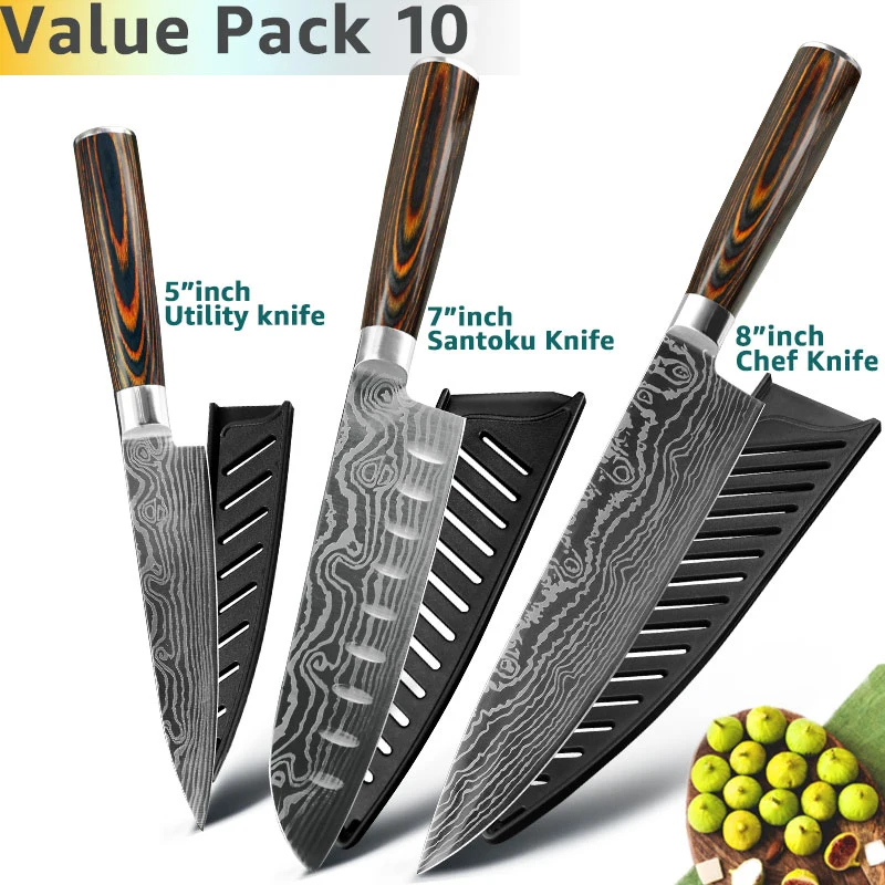 Value Pack 10 Кухонный нож 8 дюймов, японские ножи шеф-повара 7CR17 440C из высокоуглеродистой нержавеющей стали, дамасский чертежный универсальный набор сантоку, Кливер - Цвет: Value Pack 10