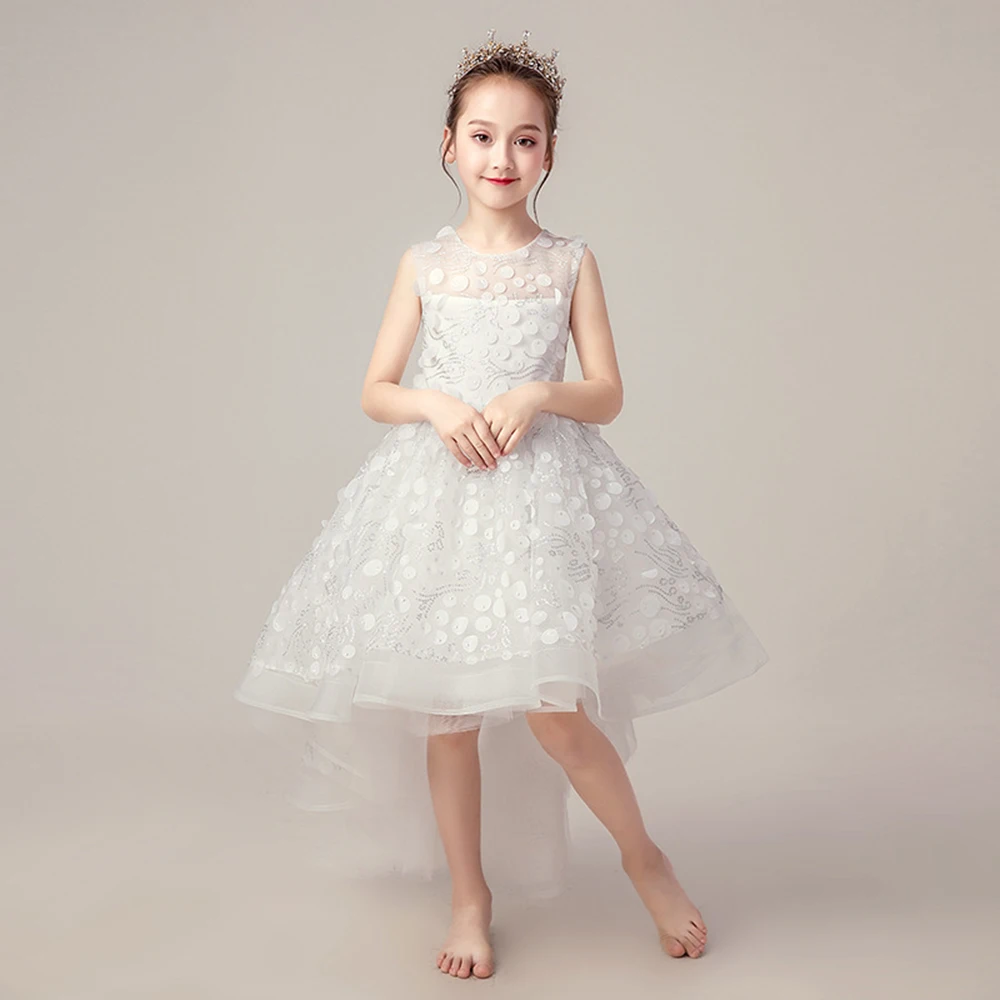 

Fashion Kid Baby Girls Lace Dress Bubble Sleeve Solid Pattern Sequined Tulle Princess Dresses for Casual Party Children Clothing