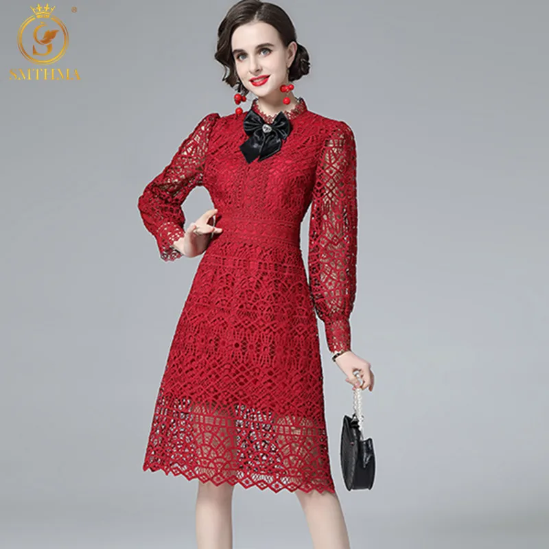 

SMTHMA New Fashion Vintage Lace Hollow Out Dress For Women Long Sleeves High Waist Bow Knee-Length Dresses Female Clothing