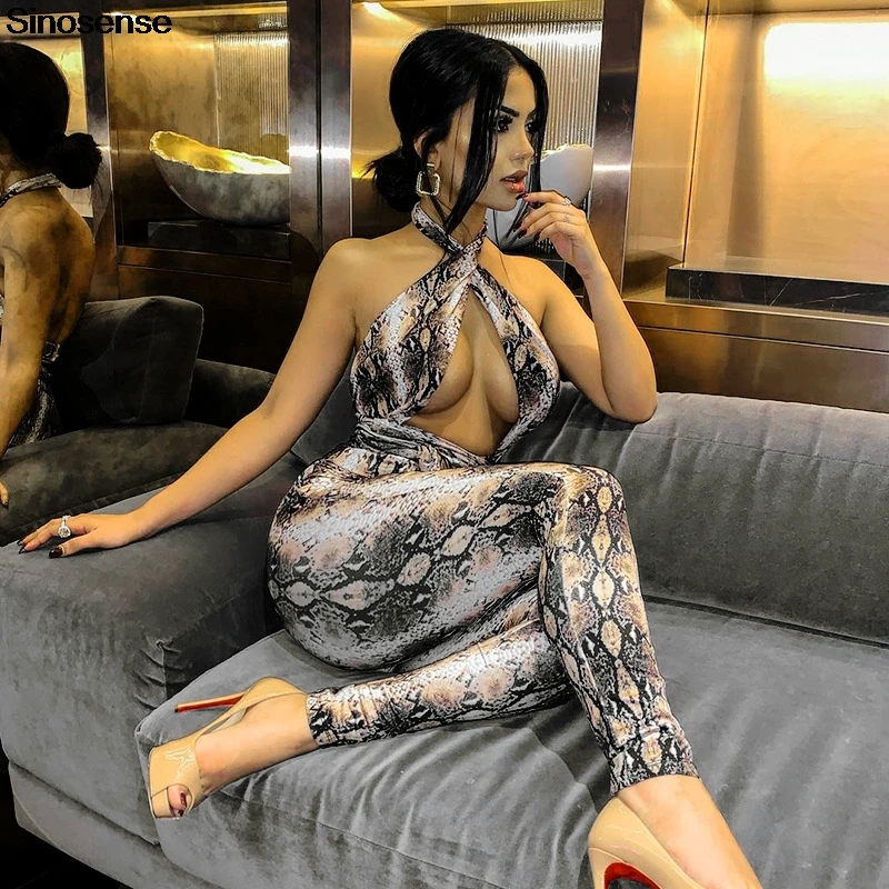 

Spring Summer Club Party Jumpsuit Sexy Hollow Out Bandage Backless Halter Streetwear Rompers Women Snake Print Skinny Outfits