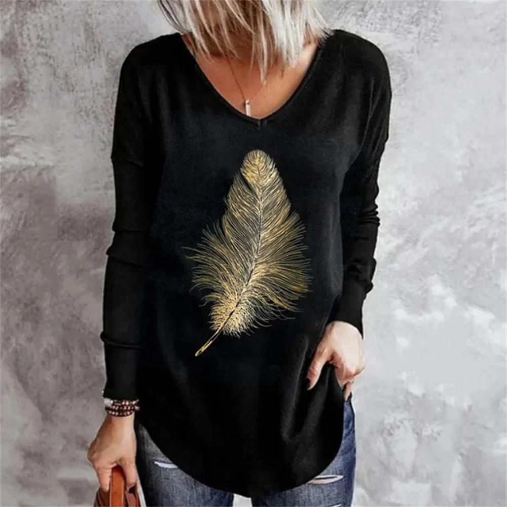 Женская модная Новая повседневная футболка с V-образным вырезом и принтом перьев
