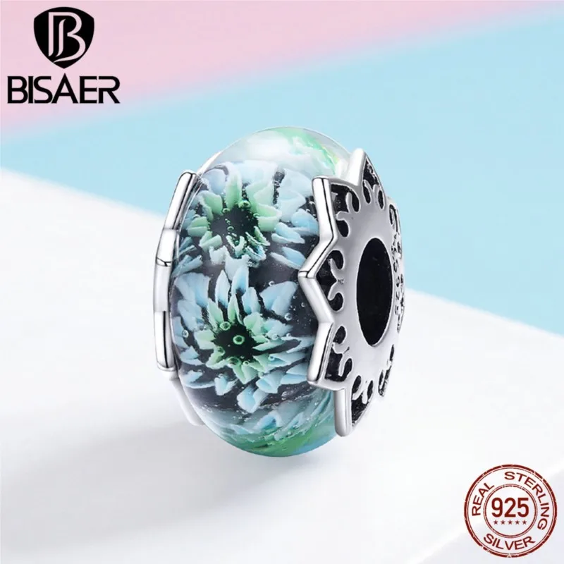 BISAER High Quality 925 Sterling Silver Cyan Flower European Glass Beads Perles fit Charms Bracelets DIY Jewelry Making ECC1011 | Украшения