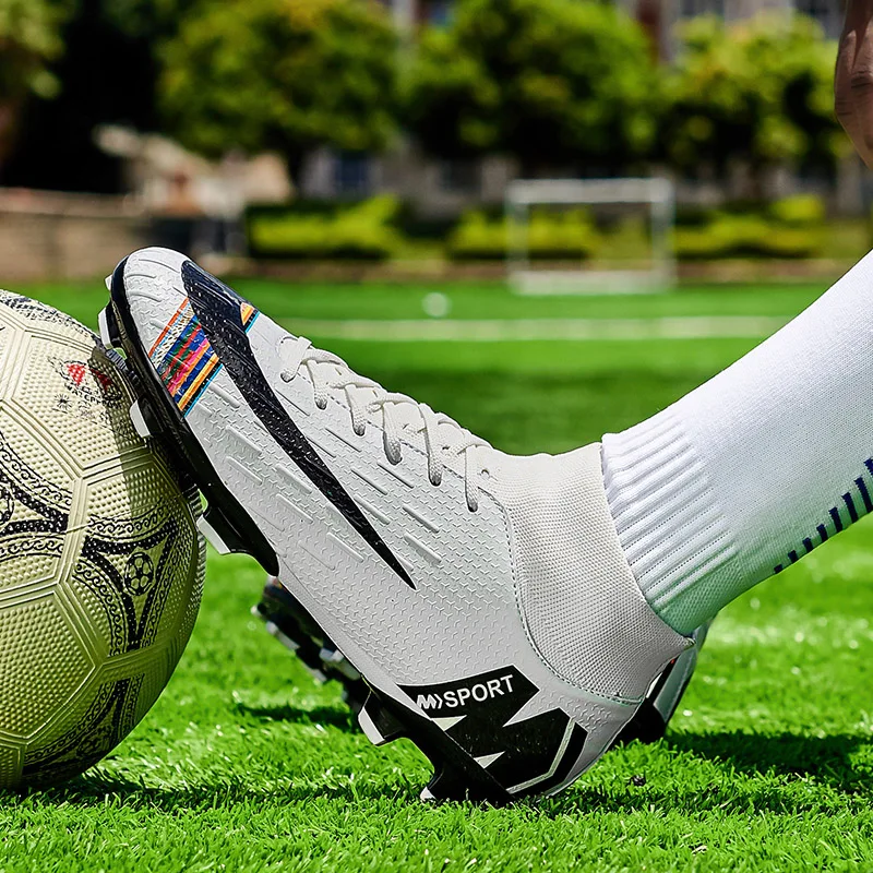 Men Football Boots Soccer Cleats Long Spikes TF Ankle High Top Sneakers Soft Indoor Turf Futsal Rubber Sole 22 |