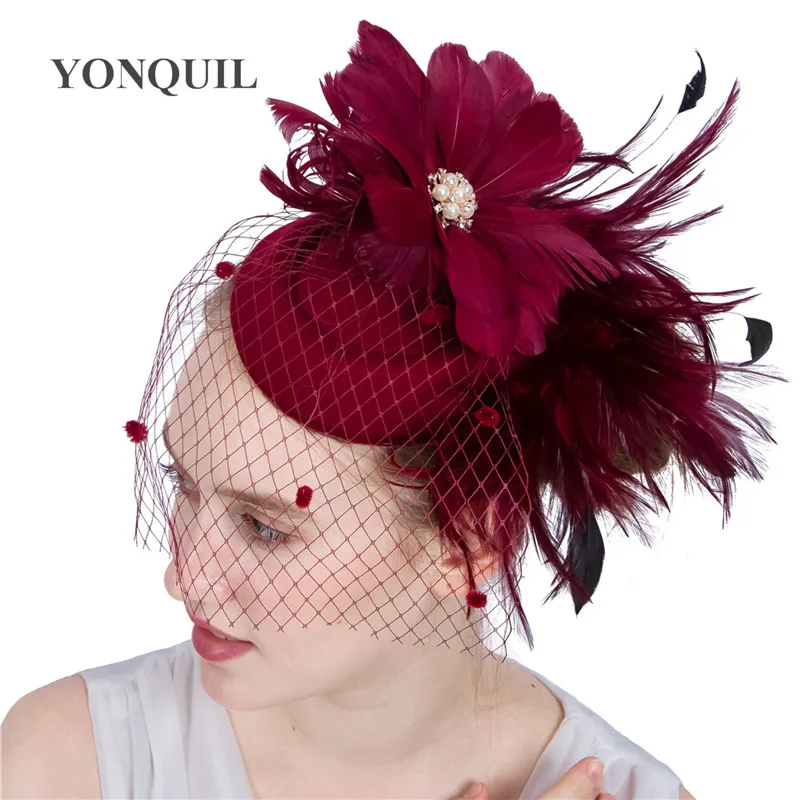 

Feather Flower Pillbox Fascinator Hats Wedding With Hair Clips Bridal Netting Veils Hats On Winter Chapeau Caps Mesh Headpiece