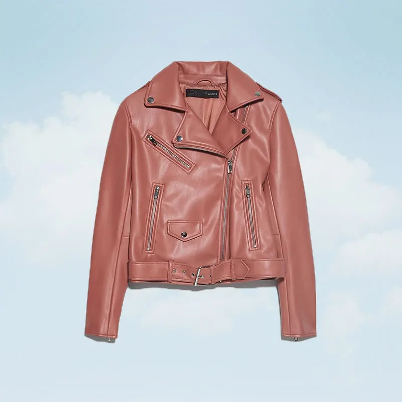 Женская кожаная мотоциклетная куртка с коротким отложным воротником весна 2020 из