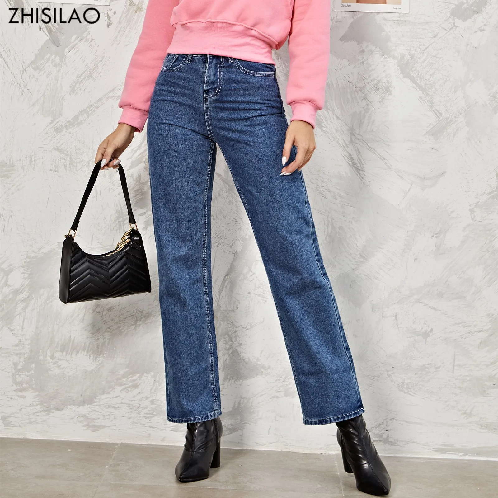 Новые прямые джинсы ZHISILAO женские винтажные свободные синие потертые джинсовые