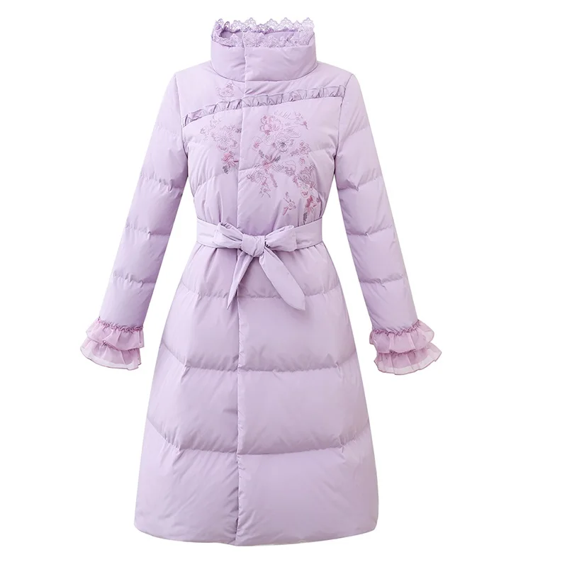 

plus size 3XL Winter Stand Collar Floral Embroidery Women Thicken Parkas White Duck Jacket Coat Lady Slim waist band Outwear